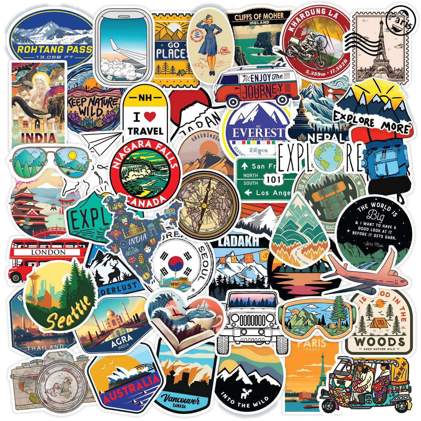 60-Pack Travel Stickers – Waterproof Vinyl Self-Adhesive Decals for Laptop, Luggage, Backpack, Journal, Scrapbook, Bike & Accessories – Residue-Free Travel-Themed Sticker Set