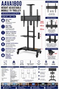 Height Adjustable Mobile TV Trolley Stand with AV Shelf for 55 Inch – 90 Inch TVs – AAVA1800