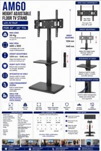 Height Adjustable Floor TV Stand with AV Shelf for 32 Inch – 65 Inch TVs – AM60