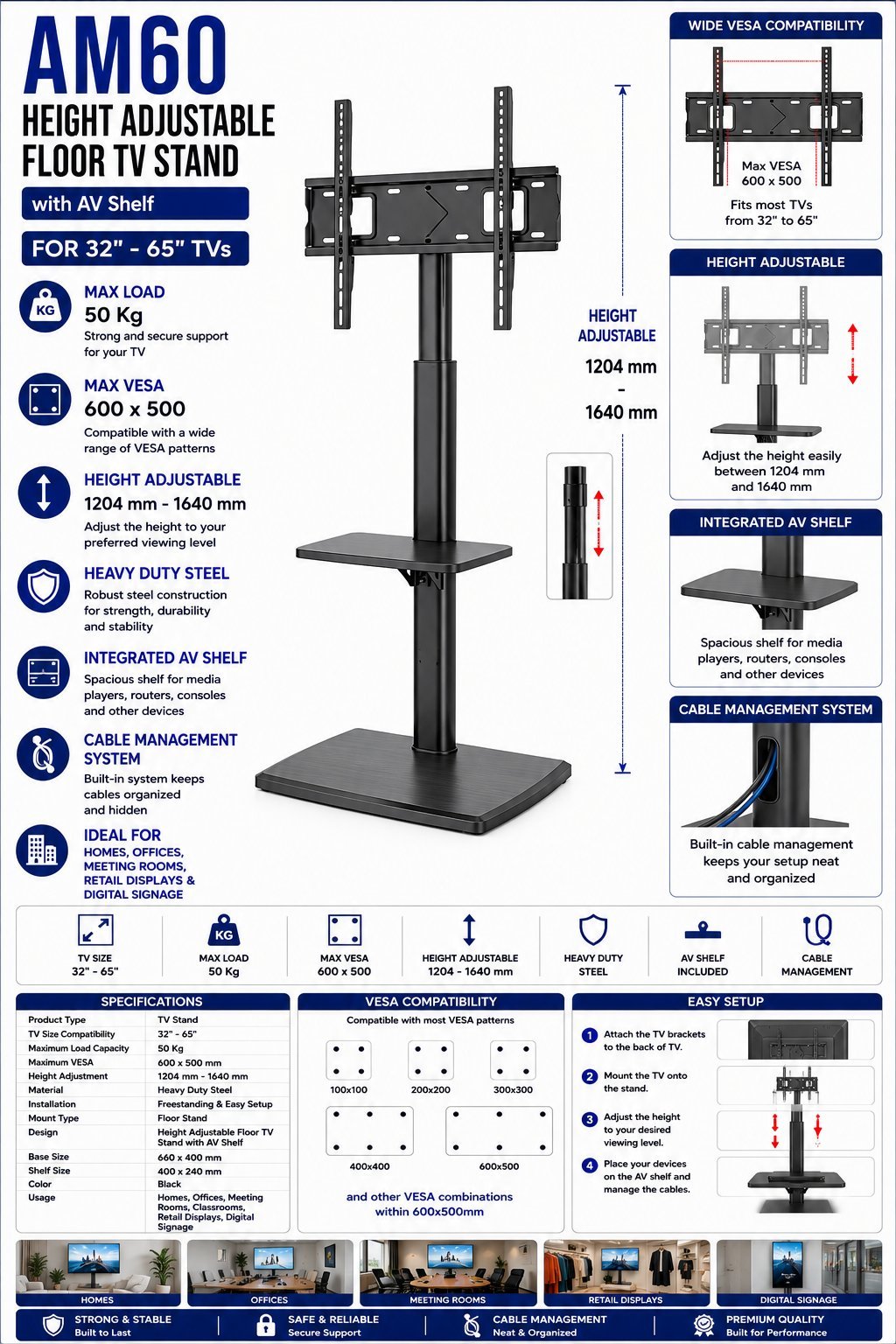 Height Adjustable Floor TV Stand with AV Shelf for 32 Inch – 65 Inch TVs – AM60
