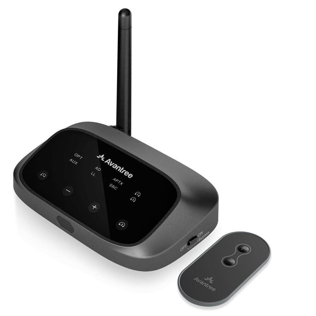 Avantree Oasis Plus 2 – Bluetooth Transmitter for TV with Remote Volume Control, Supports Two Headphones, aptX-Adaptive, Soundbar Passthrough, for Optical or AUX TVs