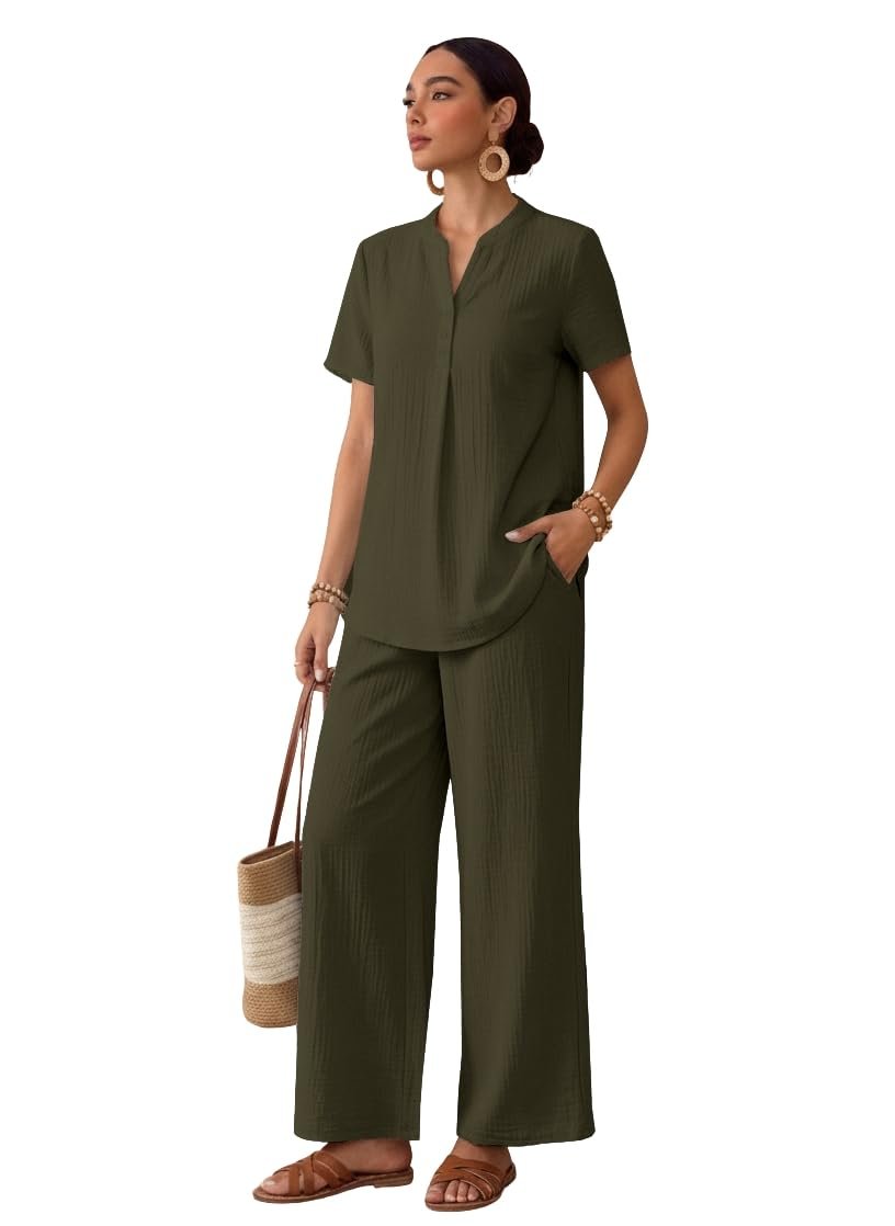 TOPLOT Women’s Co-ord Set | Stylish Matching Top & Bottom Set | Notch Neckline with Button Detail | Loose-Fit, Short-Sleeve Top with a Relaxed Silhouette |Ideal for Casual (5250)