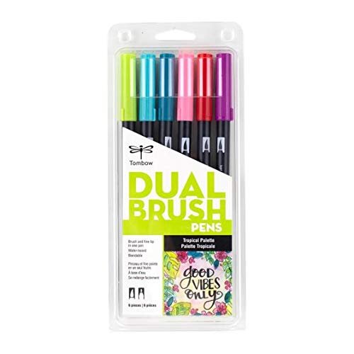 Tombow 56211 Dual Brush Pen Art Markers,Tropical,6-Pack. Blendable,Brush&Fine Tip Markers,Multi-coloured