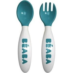 Beaba 2nd Stage Training Spoon and Fork for Kids and Toddlers – Ergonomic Handle, Easy Grip, Round Edges, Gentle on Gums, Airy Green, 8m+