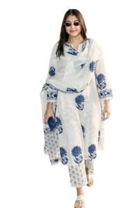 Nermosa Women’s Hand Block Floral Printed Straight Kurta Set with Palazzo Pants & Dupatta Ethnic Kurta Set for Casual Outings Day Events Summer Wear Festive