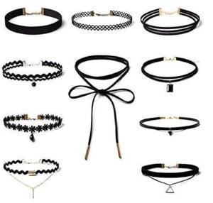 Shining Diva Fashion Jewellery Latest Stylish Set of 10 Fabric Lace Choker Necklace for Women & Gifts for Girls (Cmb272) Black