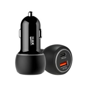 MAK 80W Dual Port Fast Car Charger with Type C and USB Ports, LED Indicator, Metal Body, PD PPS Fast Charging, Compatible with Smartphones, Tablets and Android Devices, Supports Dart, Dash, and Warp