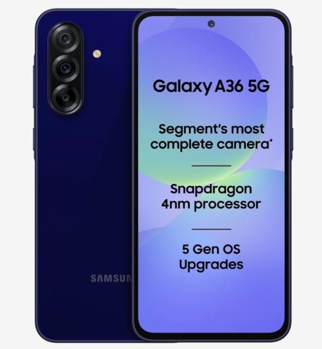 Samsung Galaxy A36 5G (Dark Blue, 8GB RAM, 128GB Storage) | Snapdragon 6 Gen 3 Octa-Core Processor | 50MP + 8MP AI Dual Camera | 12MP Front Camera | 6.7-inch FHD+ Super AMOLED 120Hz Display |