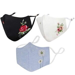MASQ Floral Reusable, Washable, Anti-Bacterial(BFE>99%) 4 Layer Embroidered, Fashionable 100% Pure Cotton Cloth Face Mask for Women with Ear Adjusters (SpecialFloralComboMFN)