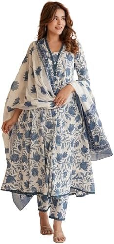 PARTHVI Women’s Printed Anarkali Kurta With Palazzo & Dupatta Set