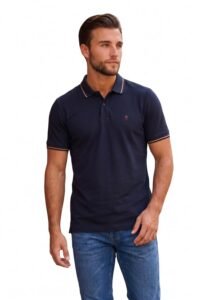 Louis Philippe Men’s Slim Fit Single-Tuck Pique Stylized Sleeve Print and Contrast Tipping Half Sleeve Solid Cotton Polo Tshirt