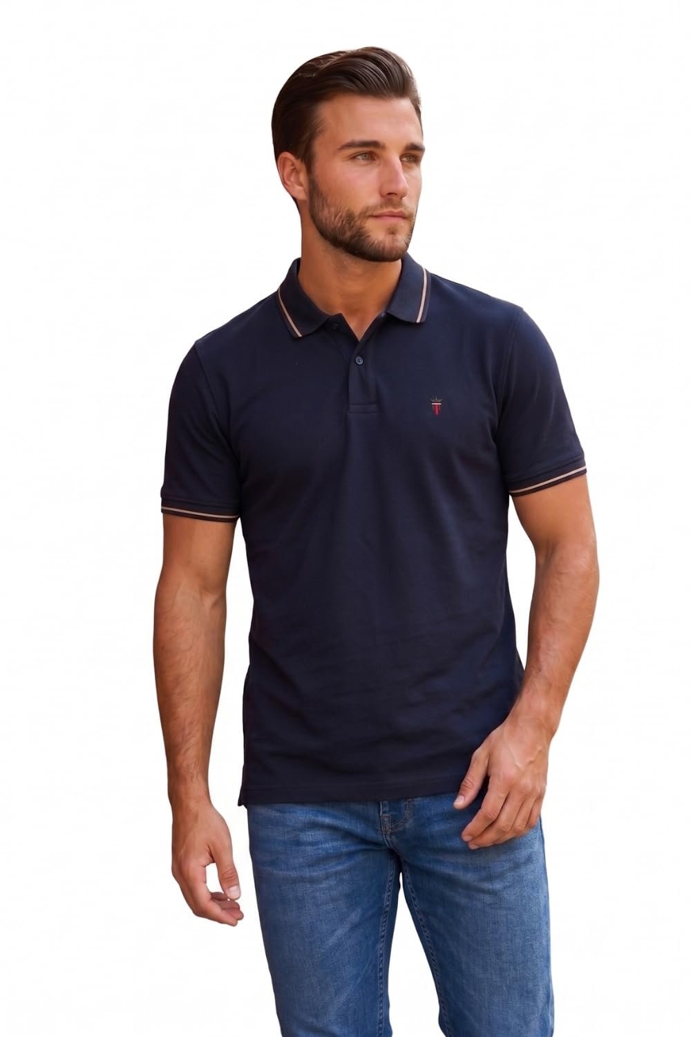 Louis Philippe Men’s Slim Fit Single-Tuck Pique Stylized Sleeve Print and Contrast Tipping Half Sleeve Solid Cotton Polo Tshirt