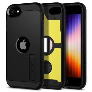 Spigen Tough Armor Back Cover Case for iPhone SE(2022/2020), Dual-Layer Extreme Protection, Integrated Kickstand – Polycarbonate + TPU | Black