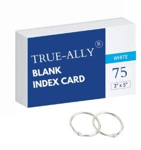 True-Ally unruled Index Flash Cards – 3×5 inch, White, 200 GSM – with Free Binder Rings for Short Notes, cue Card, Cheat Sheets, exam, Interview Preparation (3×5 inch Plain – 75 Sheets)