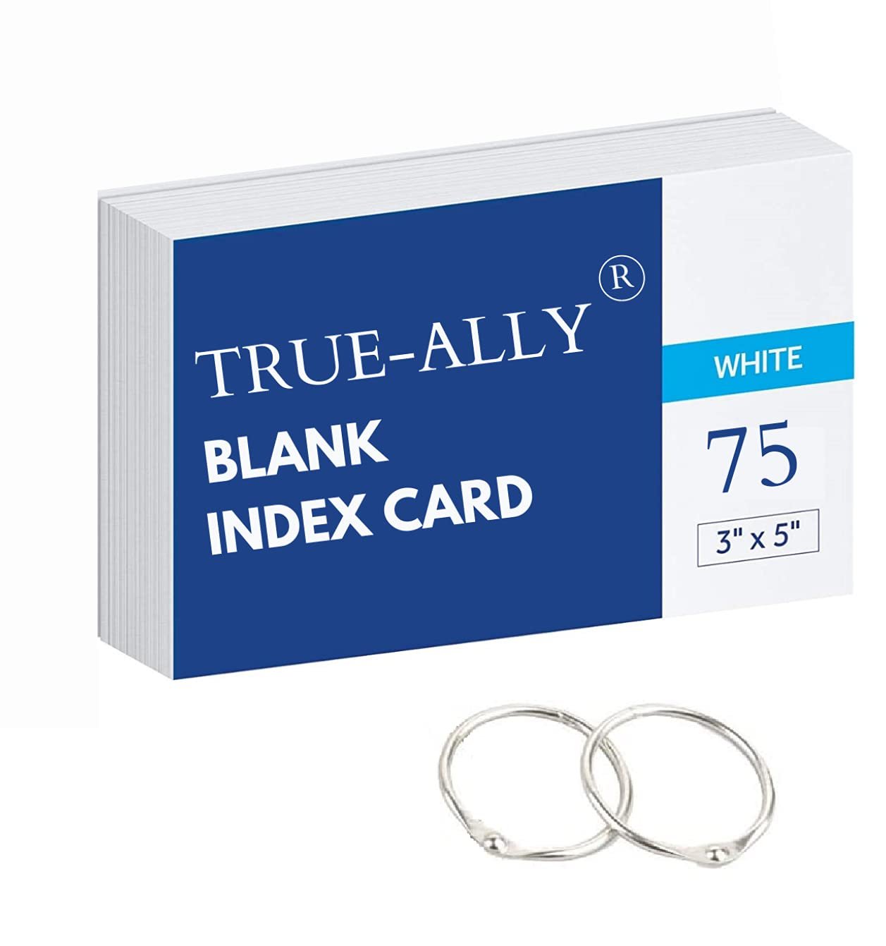 True-Ally unruled Index Flash Cards – 3×5 inch, White, 200 GSM – with Free Binder Rings for Short Notes, cue Card, Cheat Sheets, exam, Interview Preparation (3×5 inch Plain – 75 Sheets)