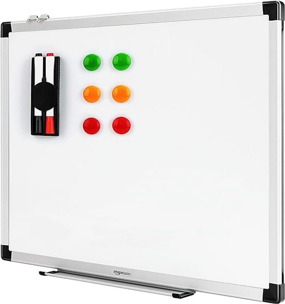 amazon basics Whiteboard Drywipe Magnetic With Pen Tray And Aluminium Trim,Includes 6 Magnets, 1 Eraser, And 2 Dry-Erase Markers, 1.96 Ft X 1.47 Ft (Wxh)