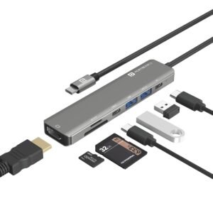 Portronics Mport 52 USB C Hub Dock (7-in-1), Multiport Adapter with 4K HDMI, 60 W PD Charging, USB 3.0/2.0 & USB Type-C Data Ports at up to 10 Gbps, microSD & SD Card Reader for Laptops(Grey)