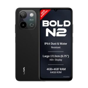 Lava Bold N2 (Indus Black, 4 GB RAM, 64 GB Storage) | 13MP AI Dual Rear Camera | Largest 6.75″ HD+ Display | 5000 mAh Battery & 10W Charging | IP64 Water & Dust Proof | Charger & Phone-Case in Box