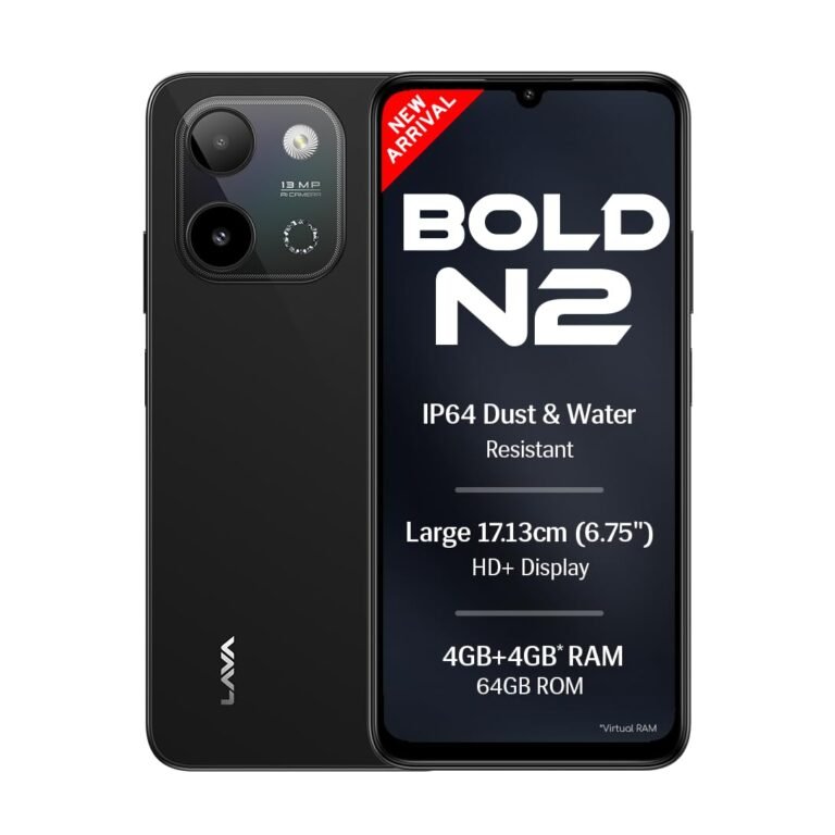 Lava Bold N2 (Indus Black, 4 GB RAM, 64 GB Storage) | 13MP AI Dual Rear Camera | Largest 6.75″ HD+ Display | 5000 mAh Battery & 10W Charging | IP64 Water & Dust Proof | Charger & Phone-Case in Box
