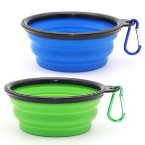 SLSON Silicone Collapsible Dog Bowl,2 Pack Collapsible Dog Water Bowls for Cats Dogs,Portable Pet Feeding Watering Dish for Walking Parking Traveling with 2 Carabiners (Small,Blue+Green),15 X5X5 Cm