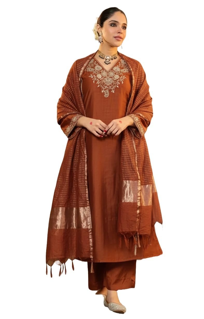 Klosia Women Embroidery Solid Straight Kurta and Pant Set with Dupatta