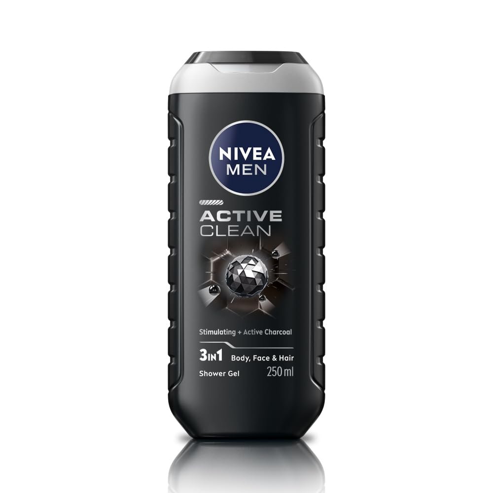 NIVEA Men Body Wash, Active Clean with Active Charcoal, Shower Gel for Body, Face & Hair, 250 ml