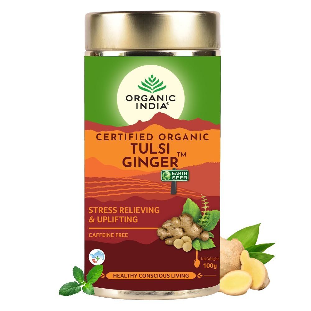 A TATA Product – Organic India Tulsi Ginger Tea – 100g, Rich in Antioxidants, Supports Digestion, Stress Relieving, Helps Boost Metabolism, Caffeine-Free, Whole Herbs