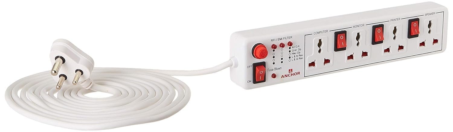 Anchor by Panasonic 4 way 6A Universal Socket with 3 Switch & 1 Master Switch | 4 Way Extension Board with 1.5 Mtr Extension Cord | Multi Plug Socket for Home Wall, Office (22568)