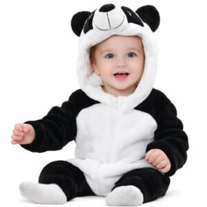 BRANDONN Unisex Baby Flannel Jumpsuit Panda Style Cosplay Clothes Bunting Outfits Snowsuit Hooded Romper Outwear (Black Panda, 9-12 Months)