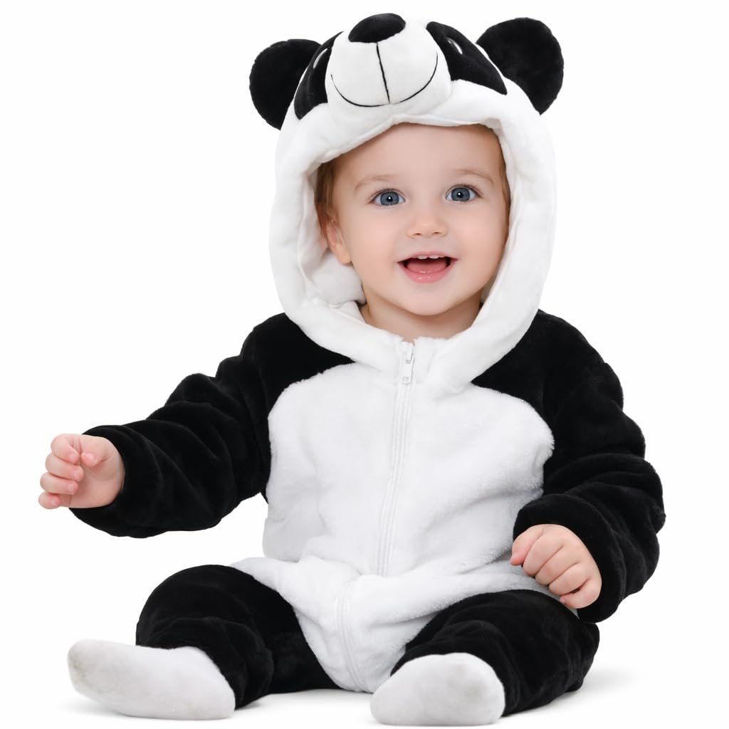 BRANDONN Unisex Baby Flannel Jumpsuit Panda Style Cosplay Clothes Bunting Outfits Snowsuit Hooded Romper Outwear (Black Panda, 9-12 Months)