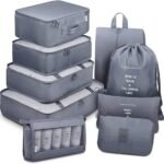 Avenux 9pcs Set Travel Organizer Packing Cubes Lightweight Travel Luggage Organizers with Laundry Bag or Toiletry Bag Laundry Organiser (Grey, 9 PCS)