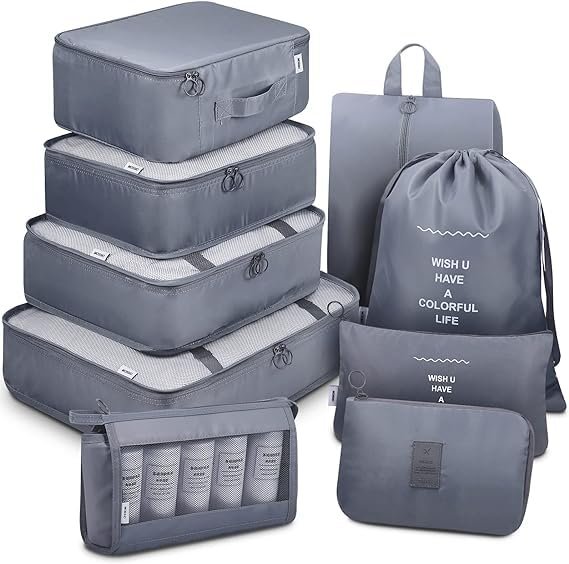 Avenux 9pcs Set Travel Organizer Packing Cubes Lightweight Travel Luggage Organizers with Laundry Bag or Toiletry Bag Laundry Organiser (Grey, 9 PCS)