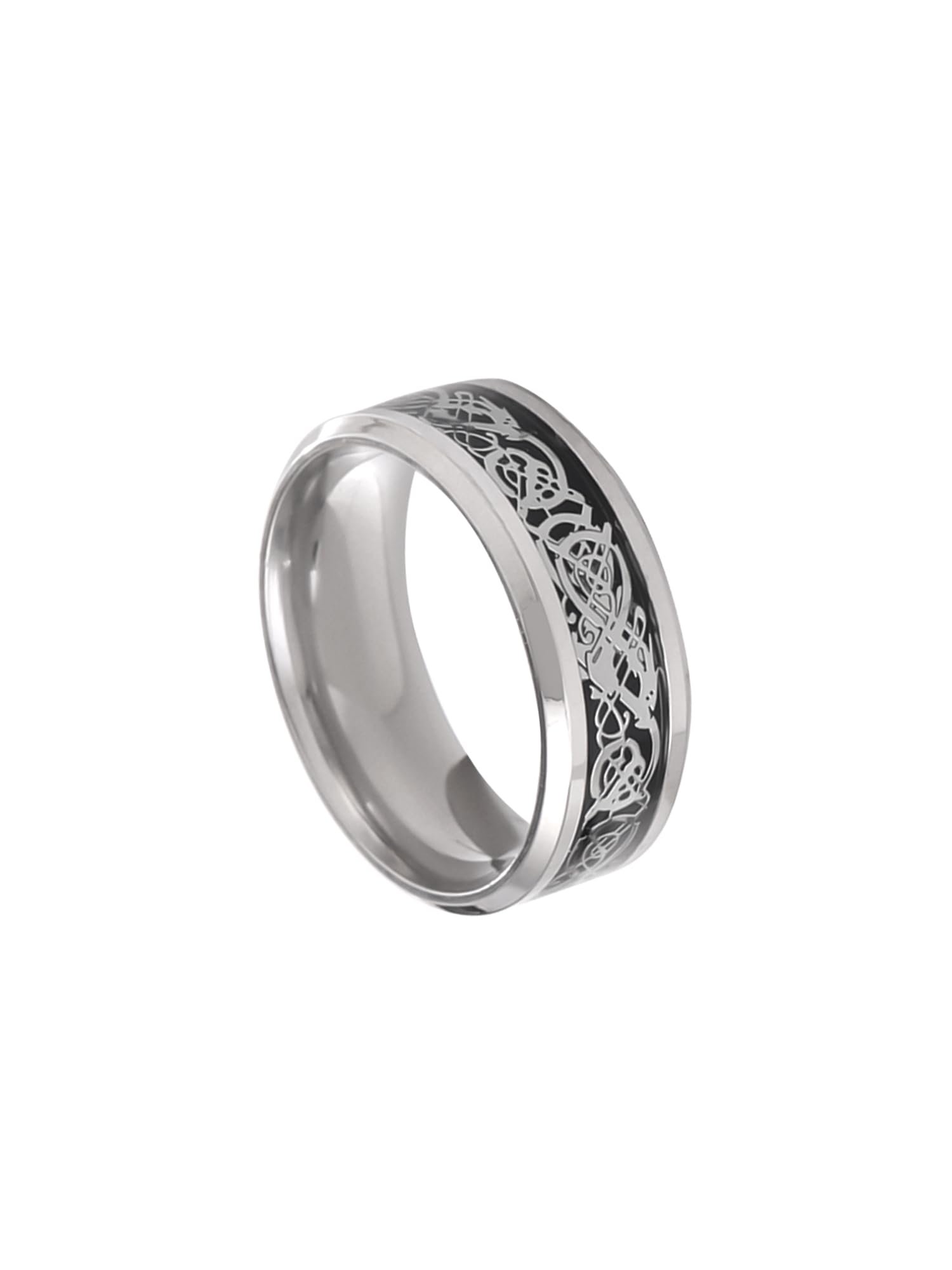 Yellow Chimes Rings for Men Dragon Celtic Inlay Polish Finish Silver Base Titanium Steel Ring for Men and Boys.