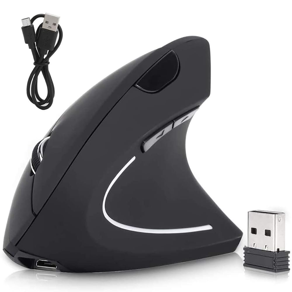 DQST Rechargeable Ergonomic Wireless Mouse, 2.4Ghz Optical Vertical Mouse with 3 Adjustable DPIs, 6 Buttons Design with USB Receiver, Compatible with Windows and Mac System(Black)
