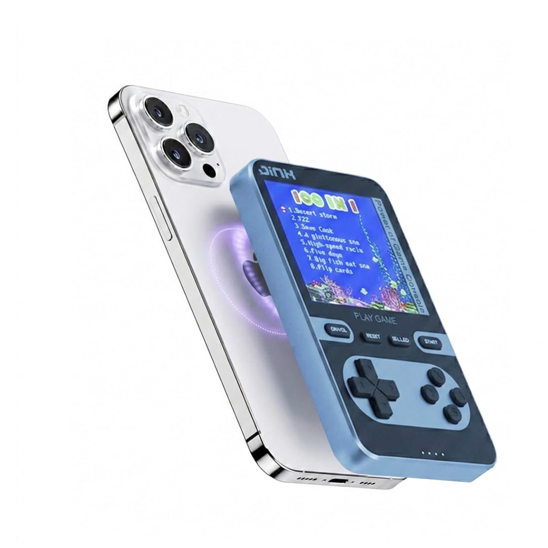 JINX Alpha Wireless Magnetic Powerbank with Retro Video Game|Classic Built-in Games with Powerbank|8000mAh 15W Li-Polymer Magsafe Compatible Power Bank Fast Charging for iPhone, Android (Blue)