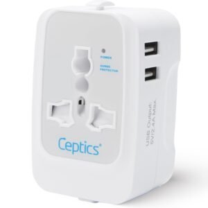 Ceptics Universal Charger Adapter, 3 in 1 Universal Travel Adapter All in One, Universal Travel Accessories 2 USB 2.4A, 100-250 Voltage Travel Charger, International Travel Adapter, White