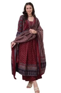 KLOSIA Women’s Rayon Printed Anarkali Kurta and Pant with Dupatta Set