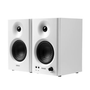 Edifier MR4 Studio Monitor – Smooth Frequency, 1′ Silk Dome Tweeter, 4′ Diaphragm Woofer, Wooden, RCA TRS, AUX, Ideal for Content Creators – White