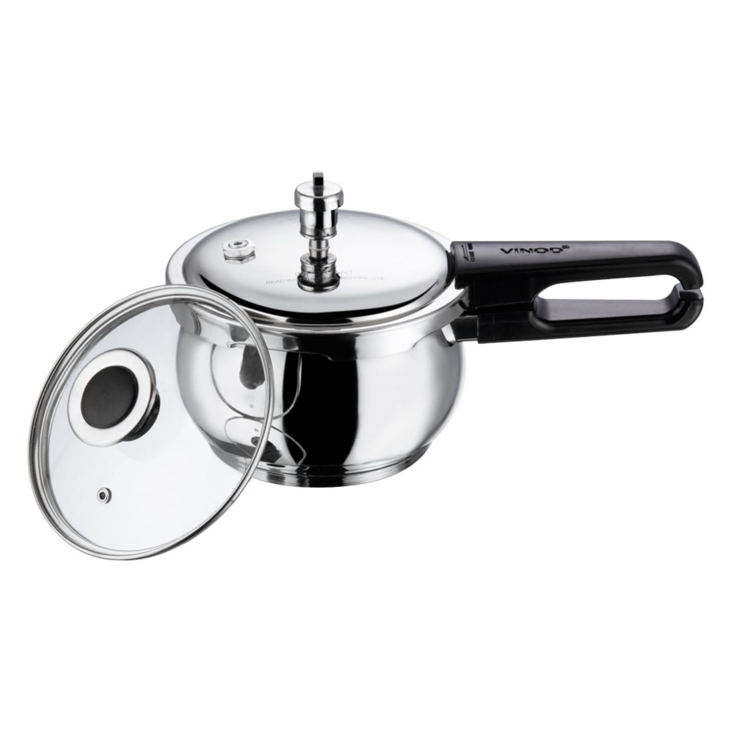 Vinod Splendid Plus Stainless Steel Outer Lid Pressure Cooker – 2.5 Litre Handi Shape | SAS Bottom | Extra Glass Lid | Induction & Gas Stove Compatible | ISI & CE Certified | 2 Year Warranty
