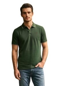 Louis Philippe Men’s Slim Fit Single-Tuck Pique Stylized Sleeve Print and Contrast Tipping Half Sleeve Solid Cotton Polo Tshirt