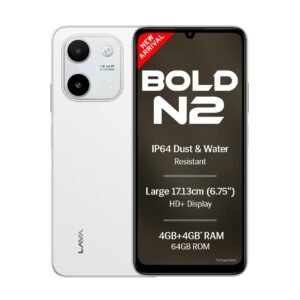 Lava Bold N2 (Siachen White, 4 GB RAM, 64 GB Storage) | 13MP AI Dual Rear Camera | Largest 6.75″ HD+ Display | 5000 mAh Battery & 10W Charging | IP64 Water & Dust Proof | Charger & Phone-Case in Box