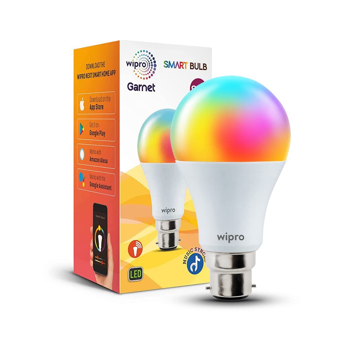wipro 9-Watt B22 WiFi Smart LED Bulb with Music Sync (16 Million Colours + Warm White/Neutral White/White) (Compatible with Amazon Alexa and Google Assistant), Standard (NS9400)(Pack of 1)