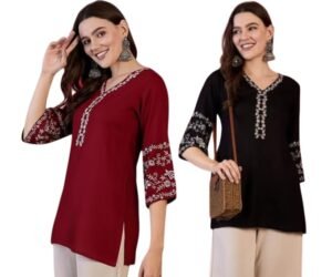 MAHIRA’S Comfort Women’s Short Kurti, Rayon Tunic Top with 3/4 Embroidered Designer Sleeves | Soft Breathable Fabric | Office & Casual Kurti for Jeans, Leggings & Trousers