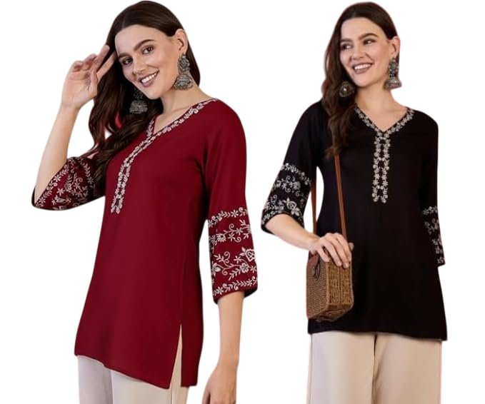 MAHIRA’S Comfort Women’s Short Kurti, Rayon Tunic Top with 3/4 Embroidered Designer Sleeves | Soft Breathable Fabric | Office & Casual Kurti for Jeans, Leggings & Trousers