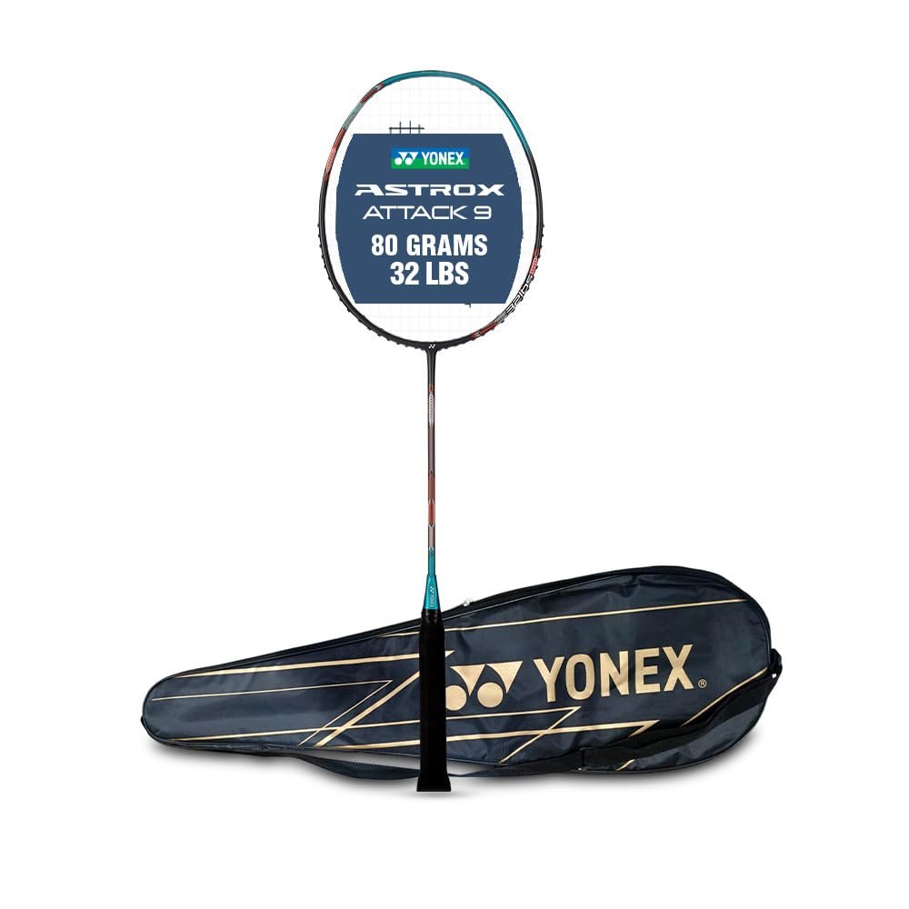 Yonex Astrox Attack 9 Ultra Strong Japan Made Graphite Strung Badminton Racquet with Full Cover (80 Grams – 32 Lbs Tension, Turquoise Green)