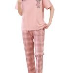 SHIENZY Women Korean Style Night Suit | Round Neck Short Sleeve Cute Printed Cotton Blend Pajama Set for Girls & Women | Soft Nightwear, Loungewear, Sleepwear for Women | Full Pyjama Set | Co-ord Set