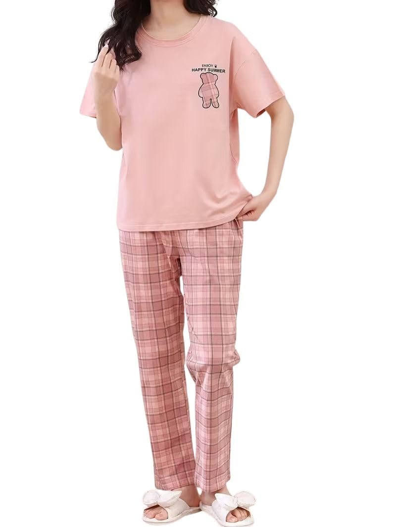SHIENZY Women Korean Style Night Suit | Round Neck Short Sleeve Cute Printed Cotton Blend Pajama Set for Girls & Women | Soft Nightwear, Loungewear, Sleepwear for Women | Full Pyjama Set | Co-ord Set
