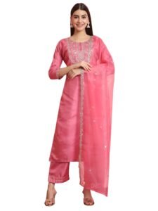 VredeVogel Women’s Silk Blend Embroidered Kurta with Pant & Dupatta Set