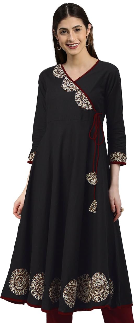 Yash Gallery Women’s Cotton Relaxed Fit Anarkali Slub Angrakha Style Kurta