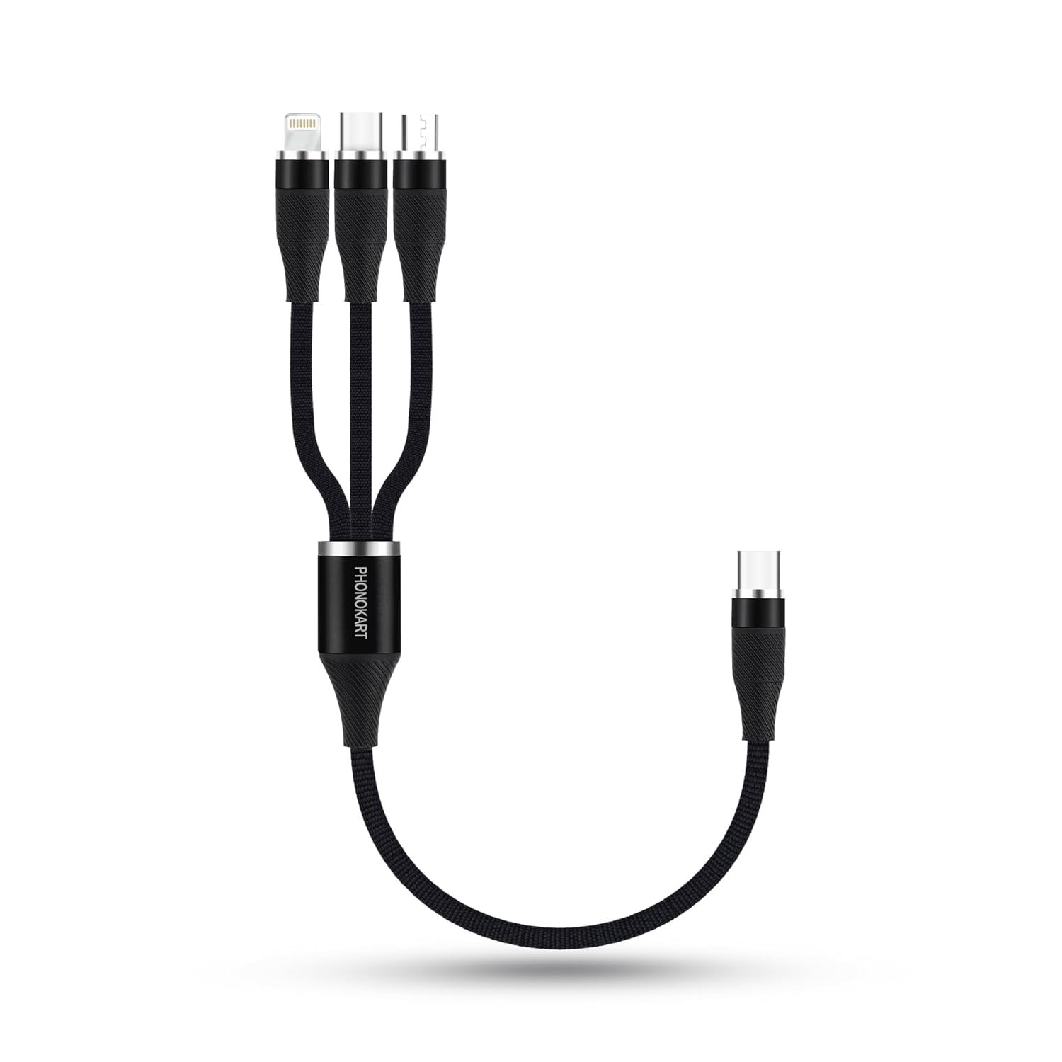 Phonokart Short TRIX 0.3meter 3in1100W Fast Charging Cable, 3Amp Multi Charger Cable for Powerbank cable, Micro USB, iOS and Type-C Devices,iphone Mobile Tablet PC Laptop Android Smartphone (BLACK)
